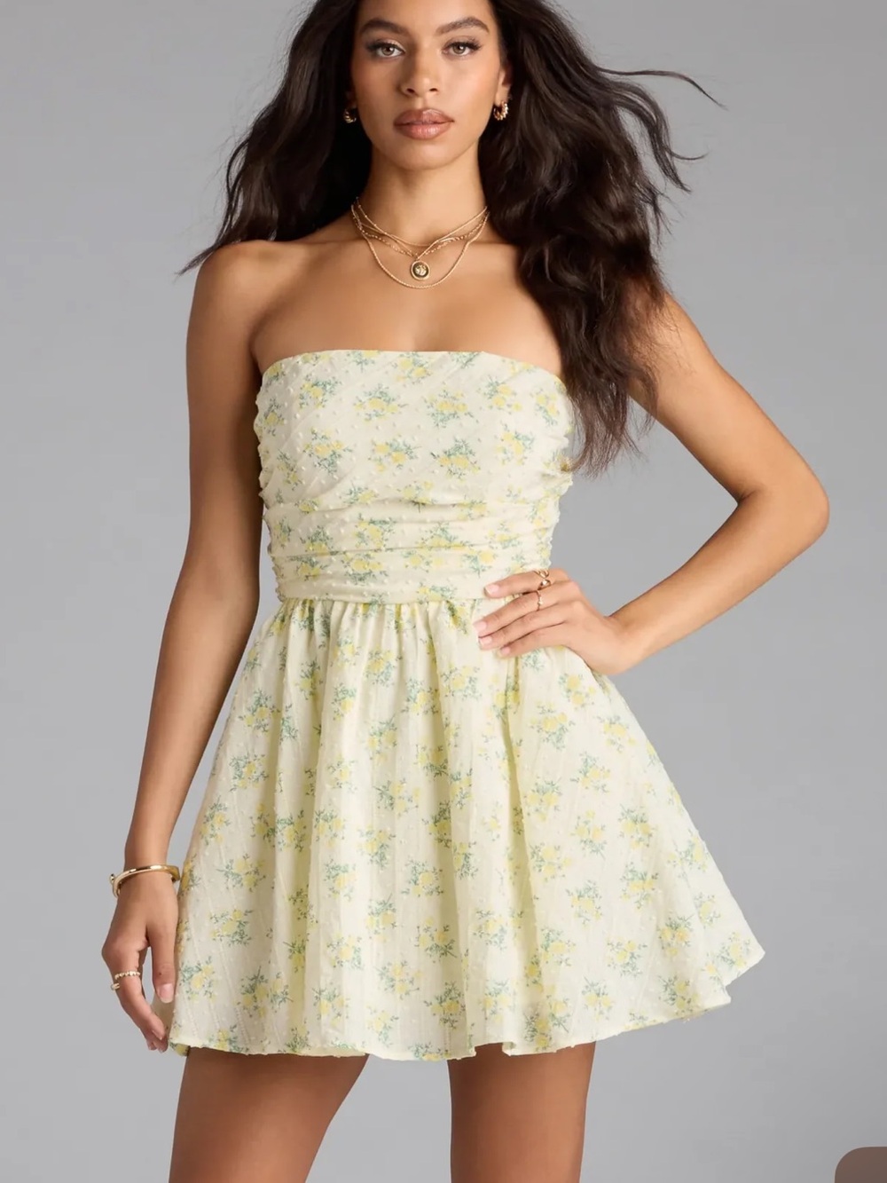 Windsor Pale Yellow Floral Strapless Mini Dress